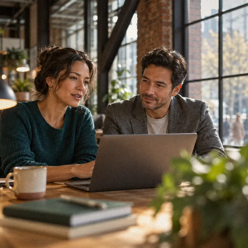 Two colleagues reviewing a partner integration together on a laptop